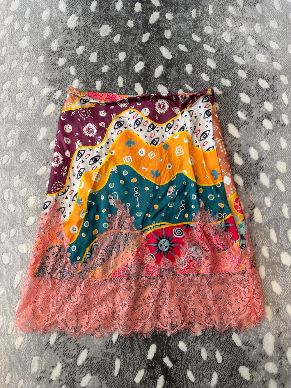 Never Fully Dressed Multicolor Printed Mini Skirt with Coral Lace Trim